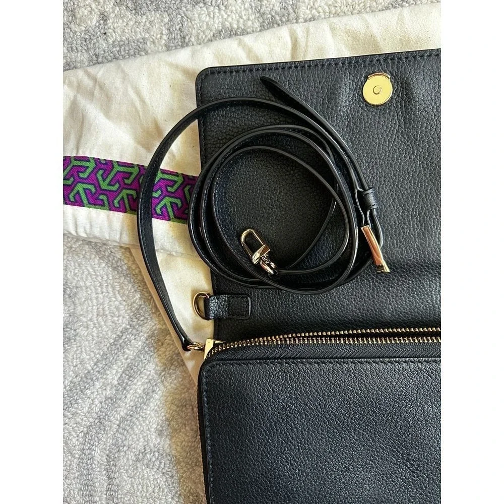 Tory Burch Miller Wallet Crossbody Bag Black Pebbled Leather Gold Hardware Logo